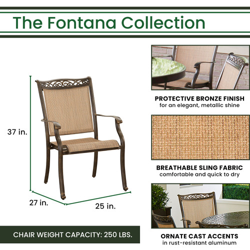 Hanover Fontana 3-Piece Bistro Set with 2 Sling Chairs and a 32-in Tan Cast-Top Table FNTDN3PCC Outdoor Furniture 