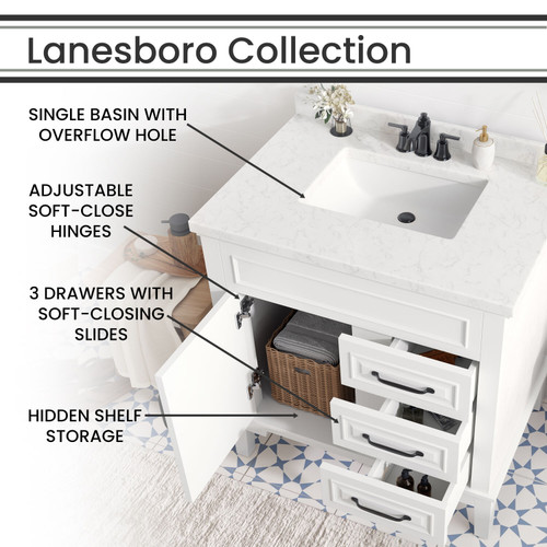 Hanover Lanesboro 31-In. Bathroom Vanity Set includes Sink, Countertop, and Pre-Assembled Cabinet w/ 1 Door, 3 Drawers, Mirror, White