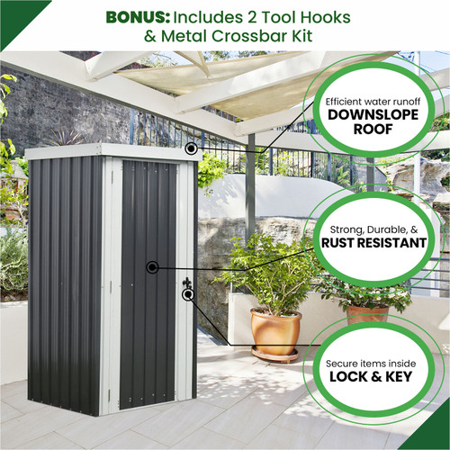 Hanover 3-Ft. x 3-Ft. x 6-Ft. Galvanized Steel Patio Storage Shed with Twist Lock and 2 Tool Hooks, Dark Gray/White