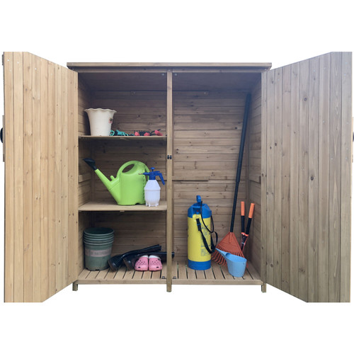 Hanover Outdoor Wooden Storage Shed for Tools, Equipment, Garden Supplies, with Shelf and Latch 4.4 Ft. x 1.6 Ft. x 4.9 Ft.