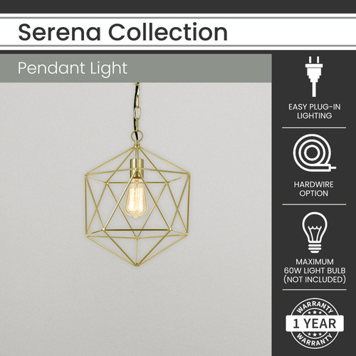 Hanover Serena Geometric Pendant Light for Hardwire or Plug-In Swag Installation, Pale Gold