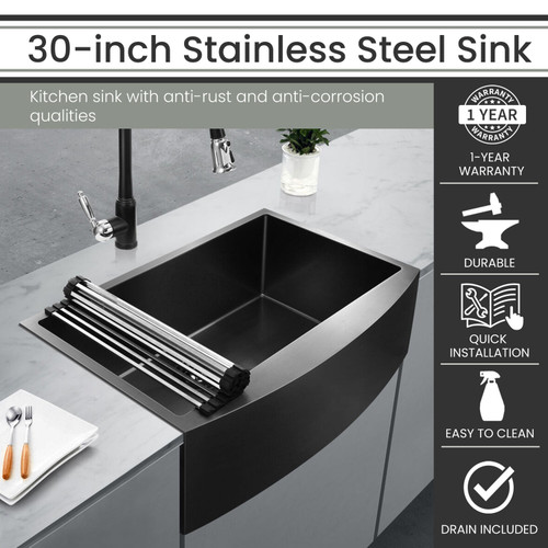 Hanover 30-inch Black Stainless Steel Flush Mount Single Bowl Sink with Rounded Apron, HANKSK30APR-BLK