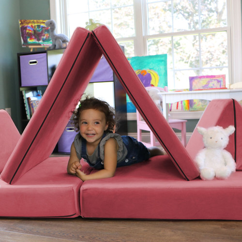 Lil Lounger Kids Play Couch with 2 Foldable Base Cushions and 2 Triangular Pillows in Flamingo1
