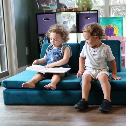Lil Lounger Kids Play Couch with 2 Foldable Base Cushions and 2 Triangular Pillows in Seahorse