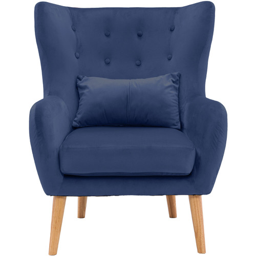 Faux Velvet Wingback Accent Chair with Lumbar Pillow and Wooden Legs, Navy