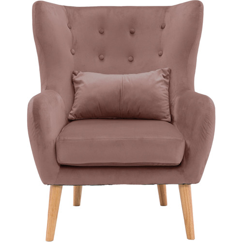 Faux Velvet Wingback Accent Chair with Lumbar Pillow Wooden Legs, Dusty Rose Pink