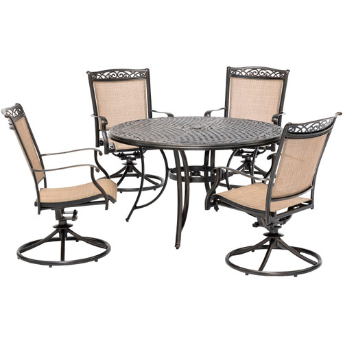 Fontana 5-Piece Outdoor Dining Set with 4 Sling Swivel Rockers and a 48-In. Cast-Top Table