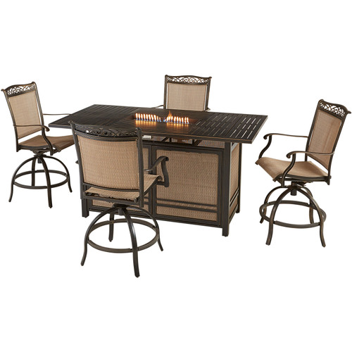 Fontana 5-Piece High-Dining Set in Tan with 4 Counter-Height Swivel Chairs and a 30,000 BTU Fire Pit Dining Table