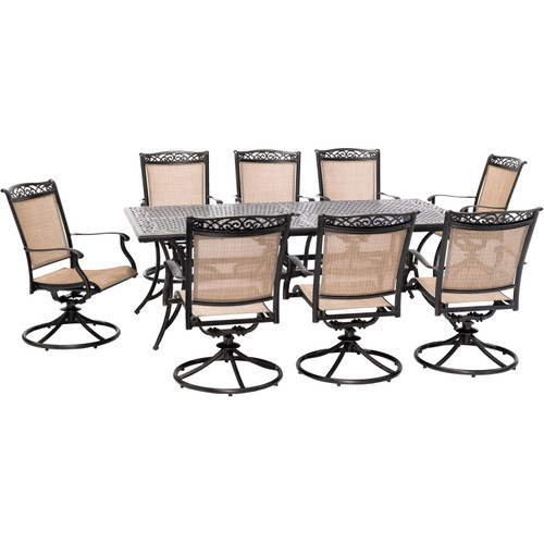 Fontana 9-Piece Outdoor Dining Set with 8 Sling Swivel Rockers and a 42-In. x 84-In. Cast-Top Table