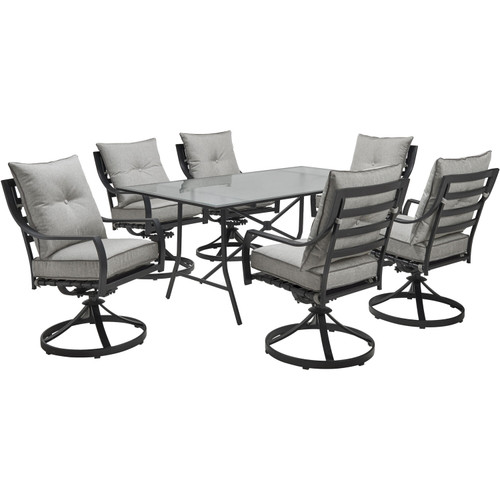Lavallette 7-Piece Dining Set  with 6 Swivel Rockers and a 66" x 38" Glass-Top Table