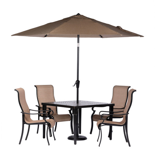 Hanover Brigantine 5-Piece Outdoor Dining Set with 4 Contoured-Sling Chairs, 42-In. Square Cast-Top Table, 9-Ft. Umbrella, and Base