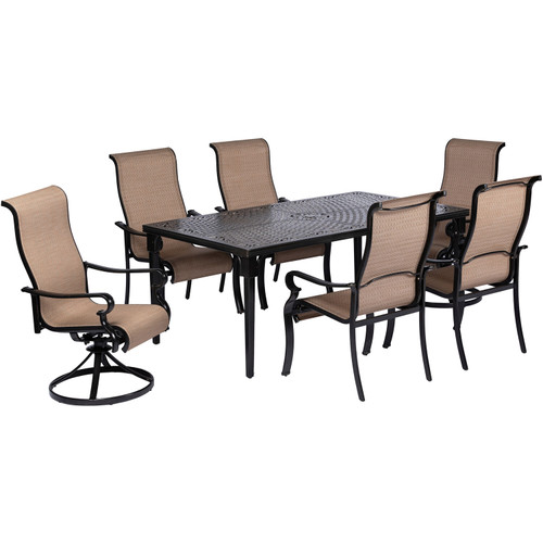 Hanover Brigantine 7-Piece Dining Set with a 40" x 70" Cast-Top Dining Table, 2 Sling Swivel Rockers, and 4 Sling Dining Chairs