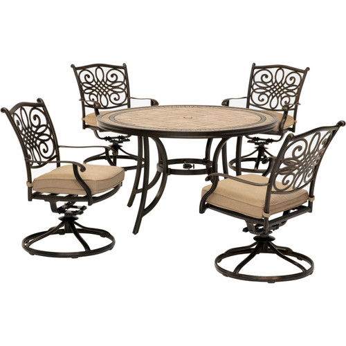 Monaco 5-Piece Patio Dining Set in Tan with Four Swivel Rockers and a 51 In. Tile-Top Table