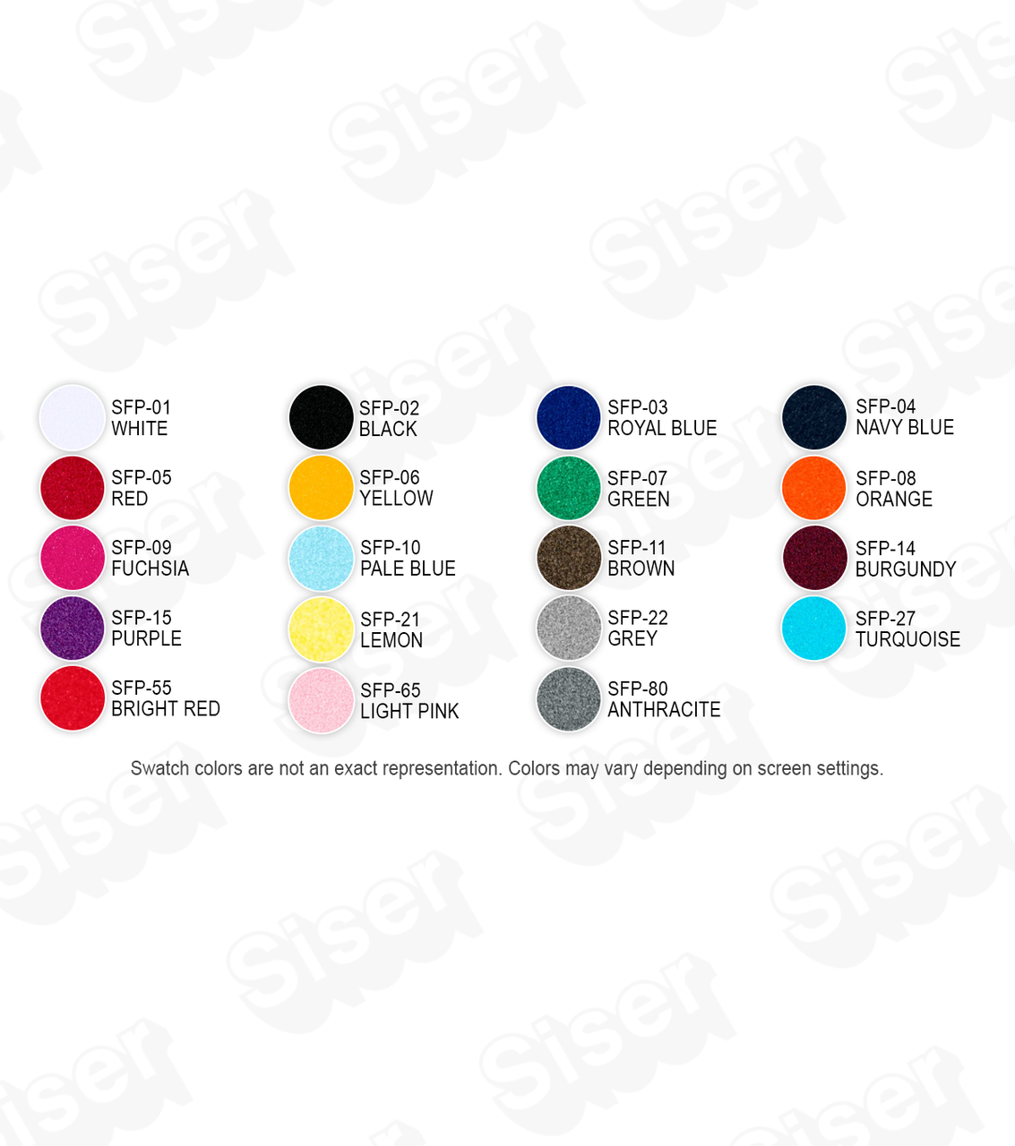 SISER STRIPFLOCK Heat Transfer Vinyl Color Options Chart