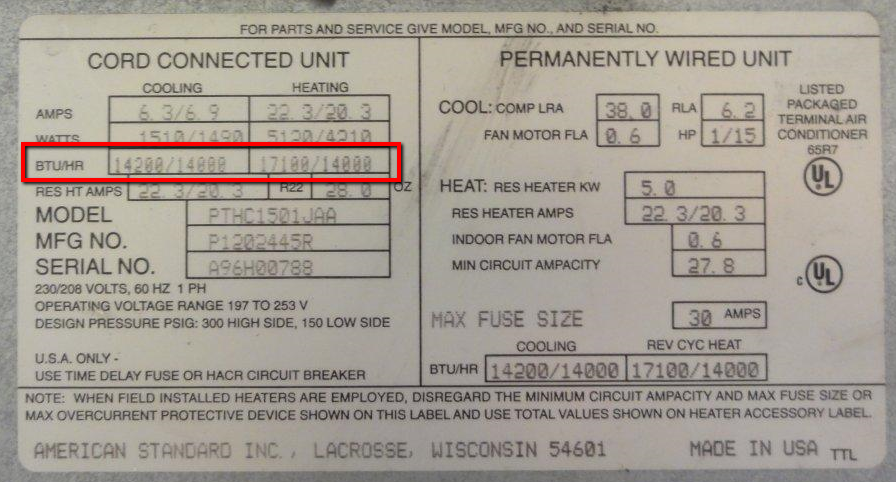 Amana PTAC Serial Plate