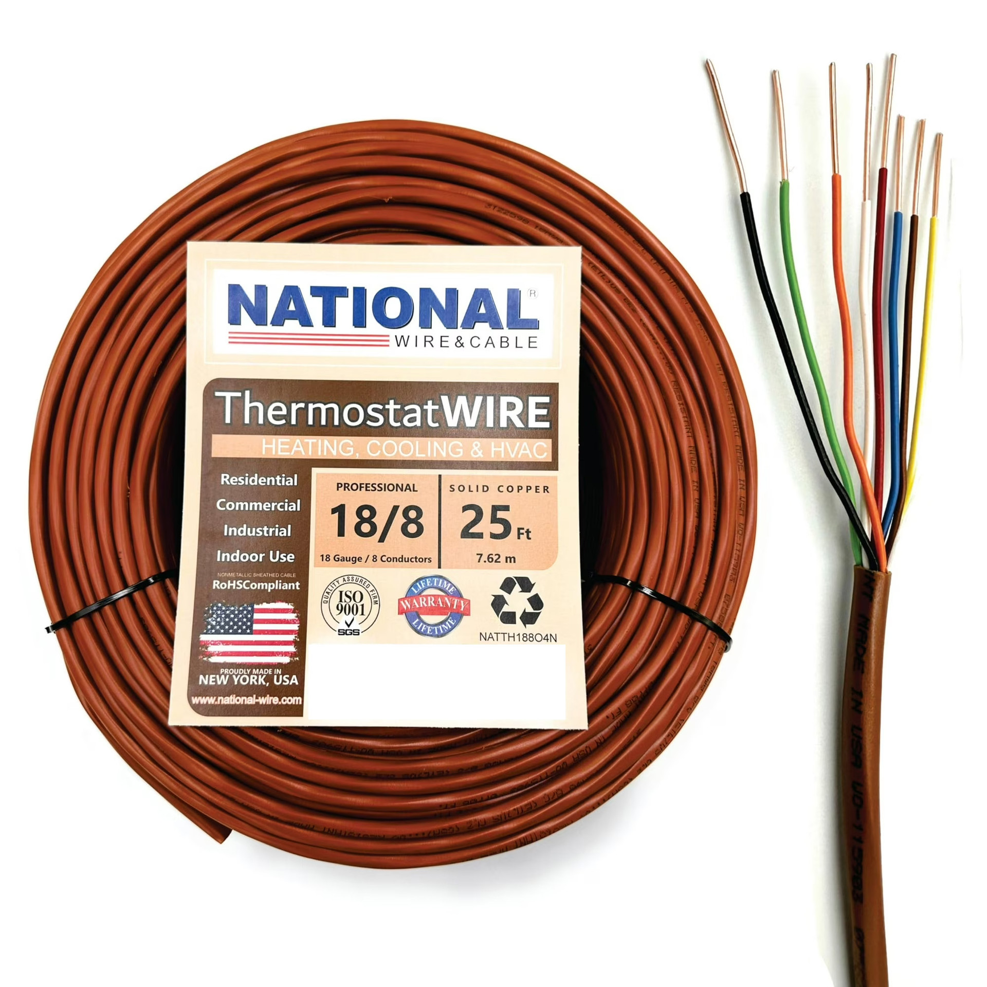 National Wire 18AWG/8C-25 8-Conductor 18 Gauge Solid Copper Thermostat ...