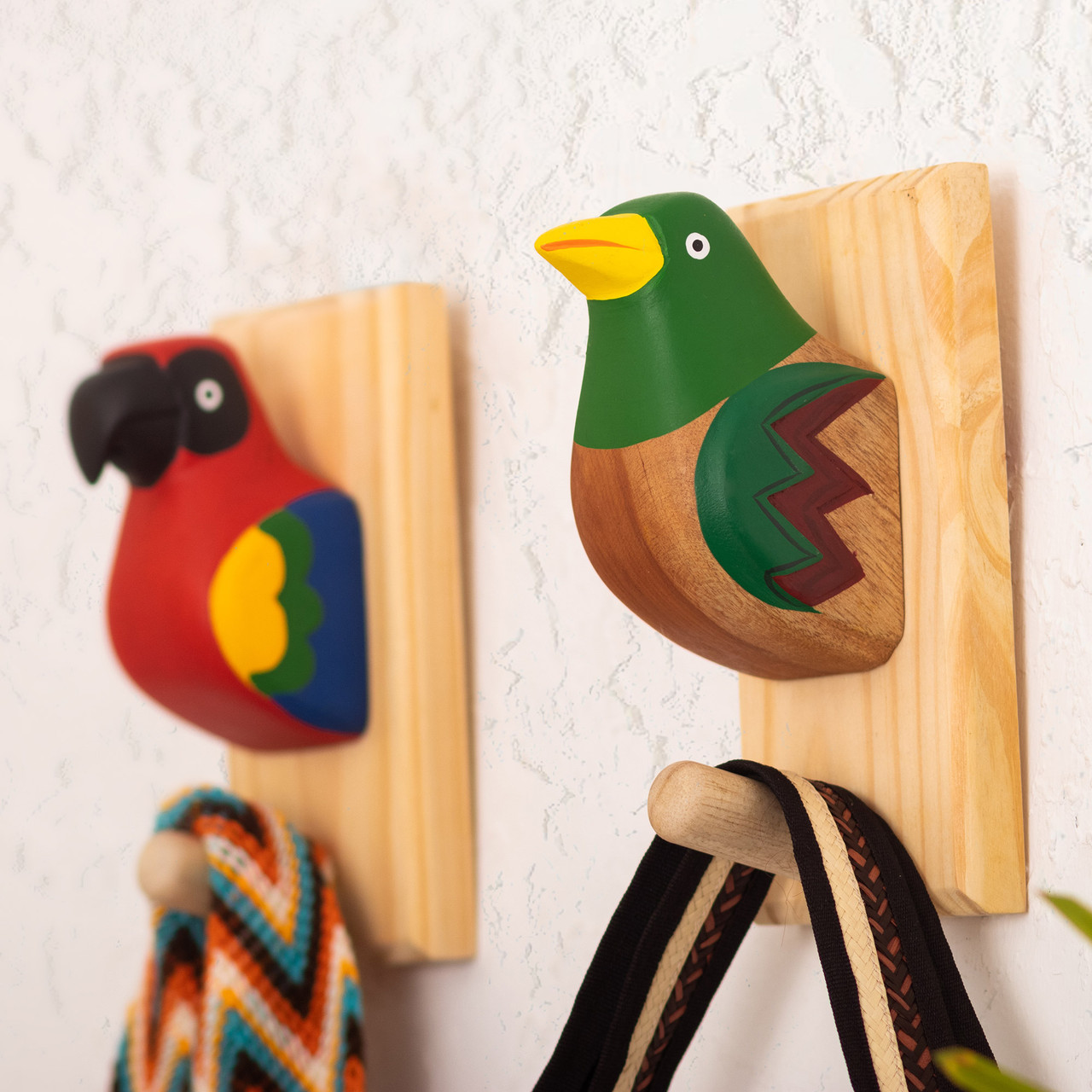 Hand-Painted Cedar Wood Coat Rack with Green Bird 'Jungle Bird