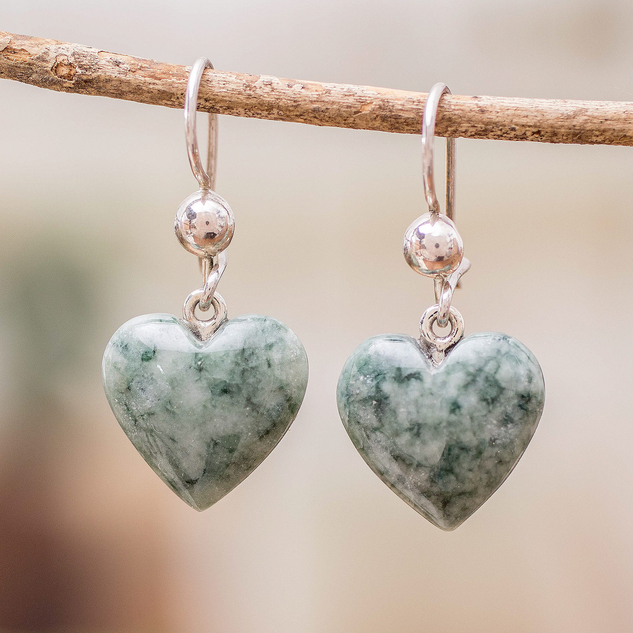 Green Heart Shaped Jade Silver Dangle Earrings Guatemala 'Mayan