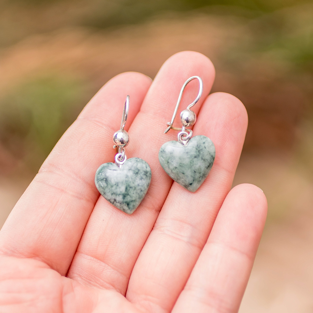 Green Heart Shaped Jade Silver Dangle Earrings Guatemala 'Mayan