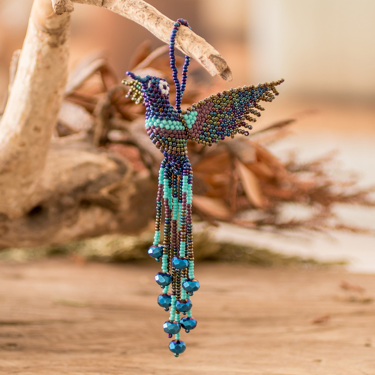 Handcrafted Glass Beaded Blue Hummingbird Home Accent 'Hummingbird