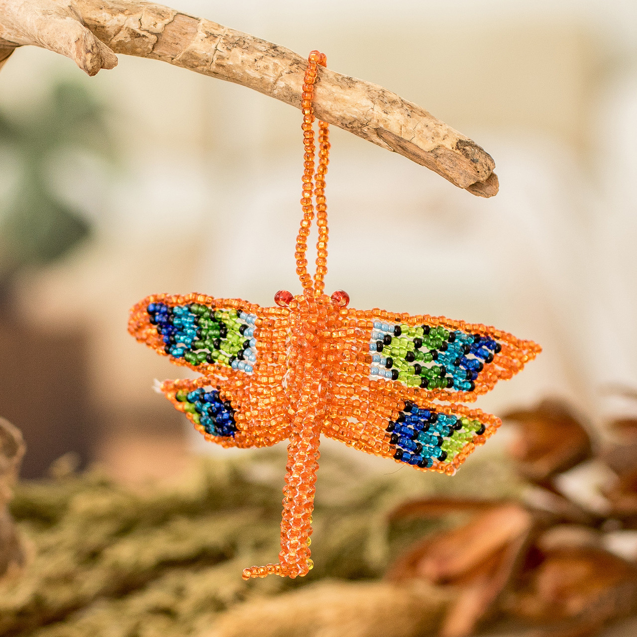 Glass Beaded Dragonfly Ornament in Orange Hue from Guatemala