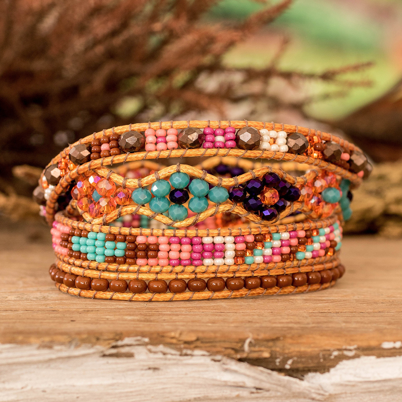 Handwoven Beaded Brown Wrap Bracelet with Pewter Button 