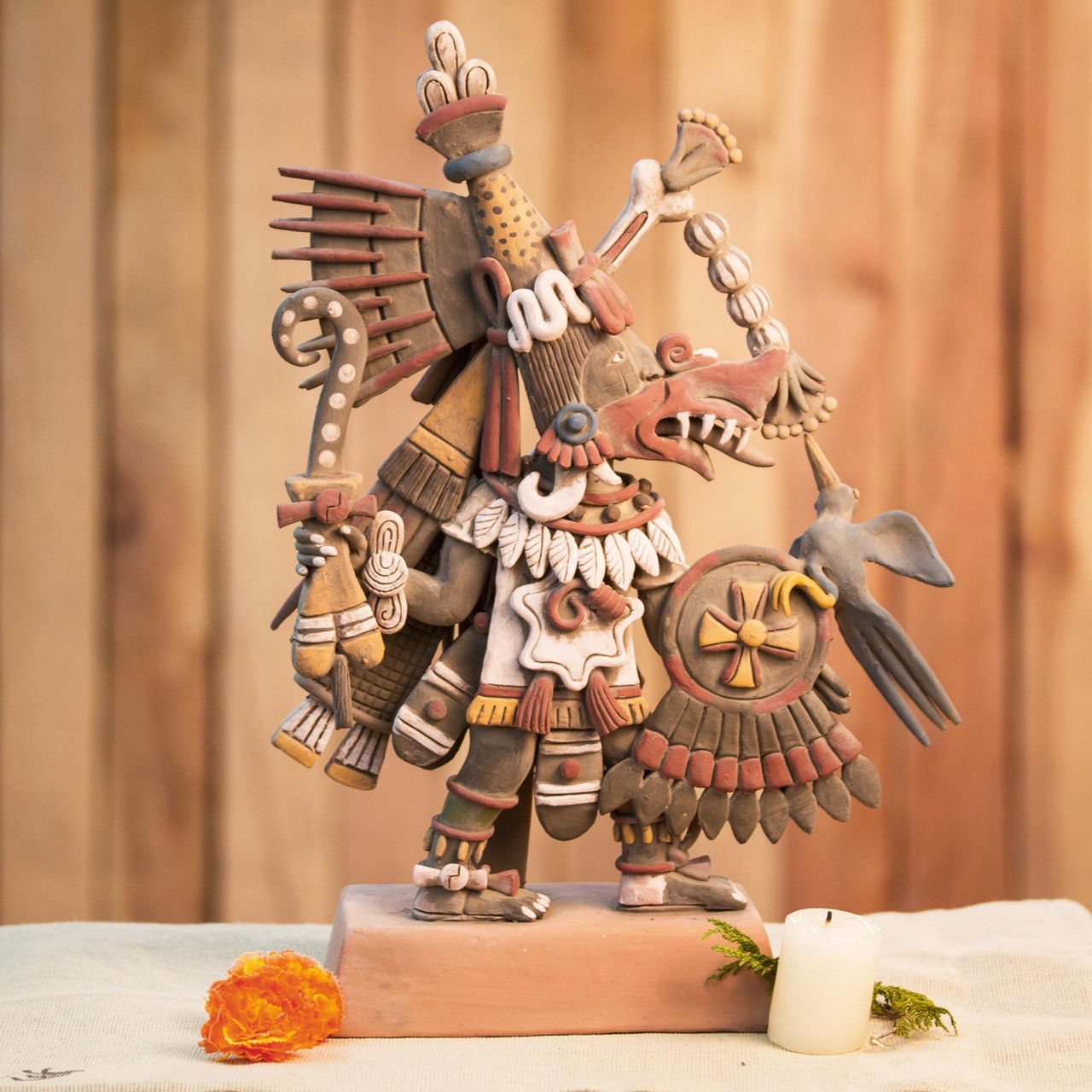Signed Ceramic Aztec Sculpture from Mexico 'Aztec Deities