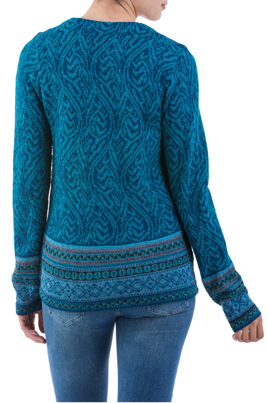 Teal 100 Alpaca Wool Cardigan Sweater from Peru 'Dreamy Blues