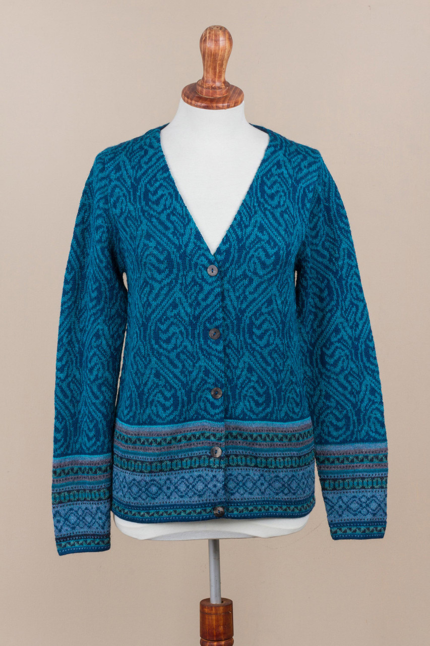 Teal 100 Alpaca Wool Cardigan Sweater from Peru 'Dreamy Blues