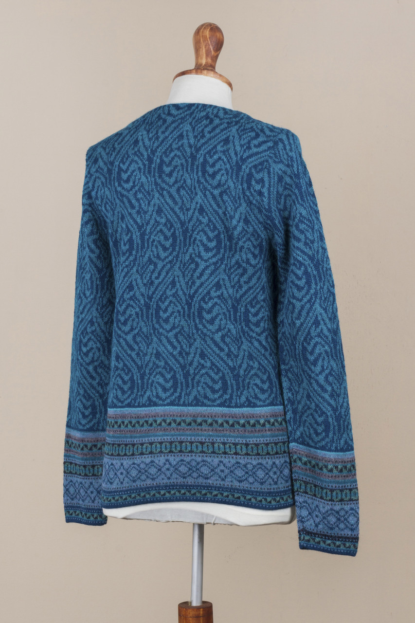 Teal 100 Alpaca Wool Cardigan Sweater from Peru 'Dreamy Blues