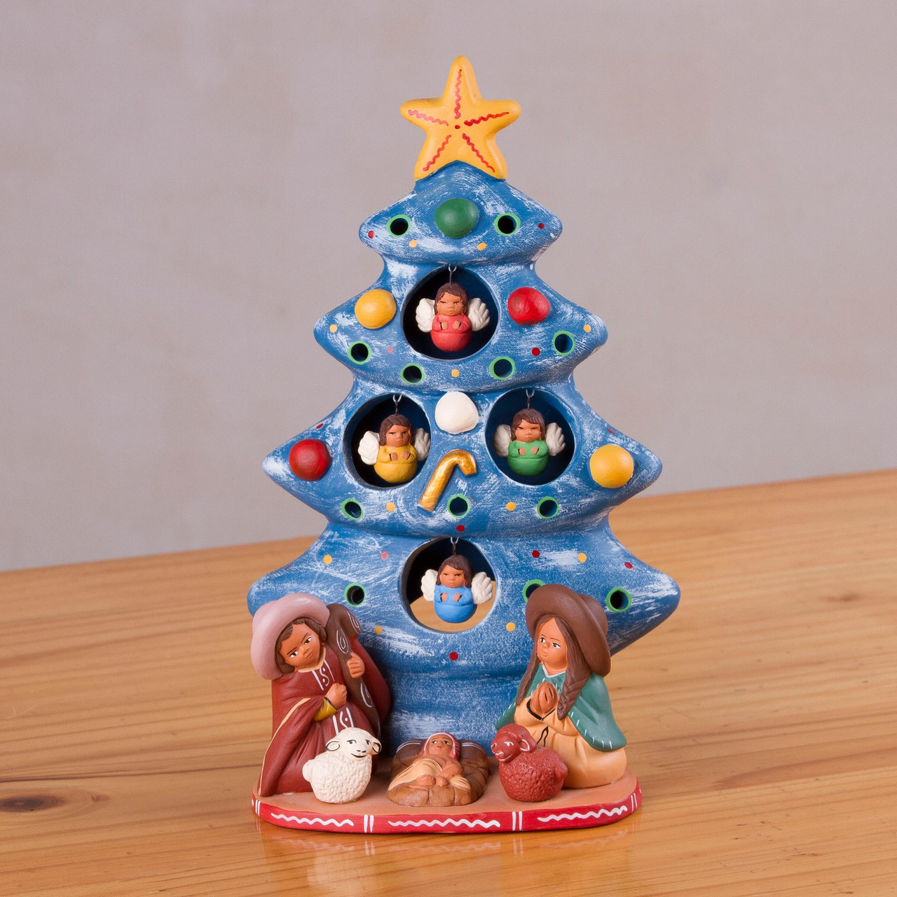 Ceramic Christmas Nativity Sculpture in Blue from Peru 'Birth