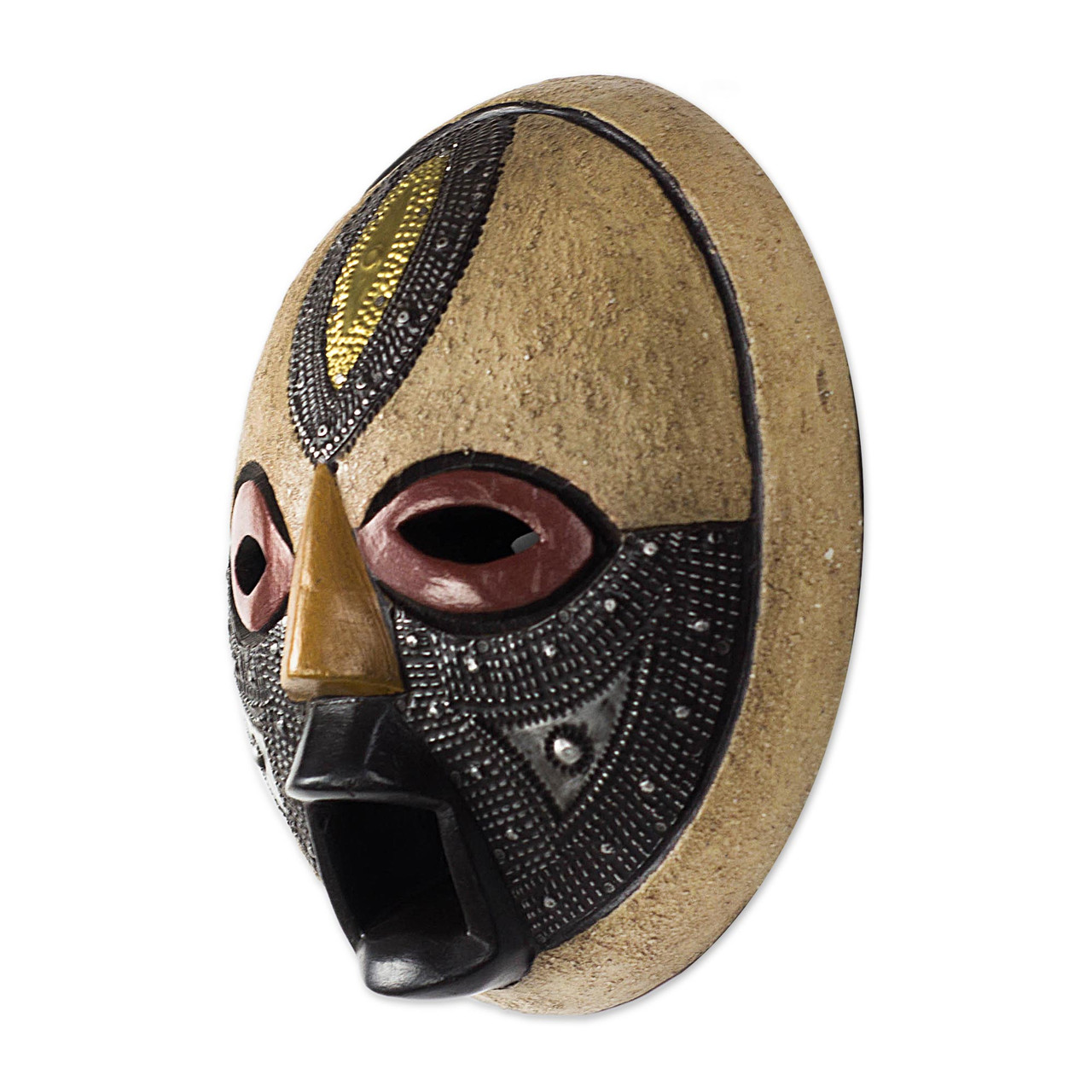 Round African Wood Mask with Brass and Aluminum Accents 'Third Eye