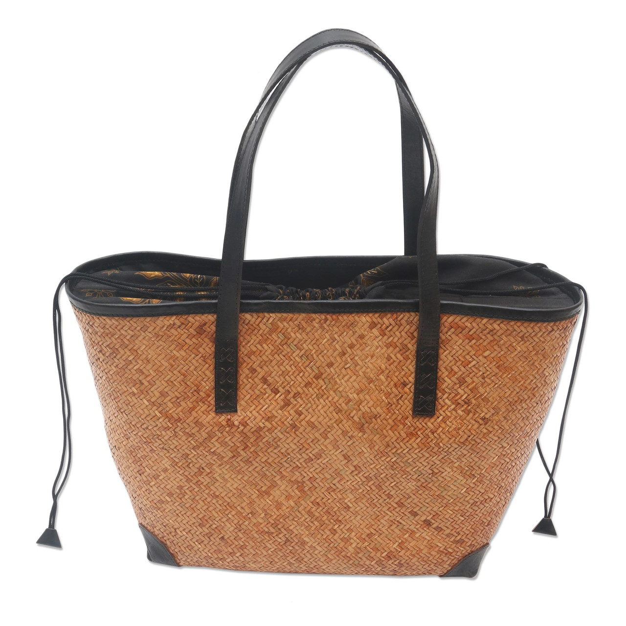Handwoven Beige Rattan Sling Bag with Tan Leather Trim
