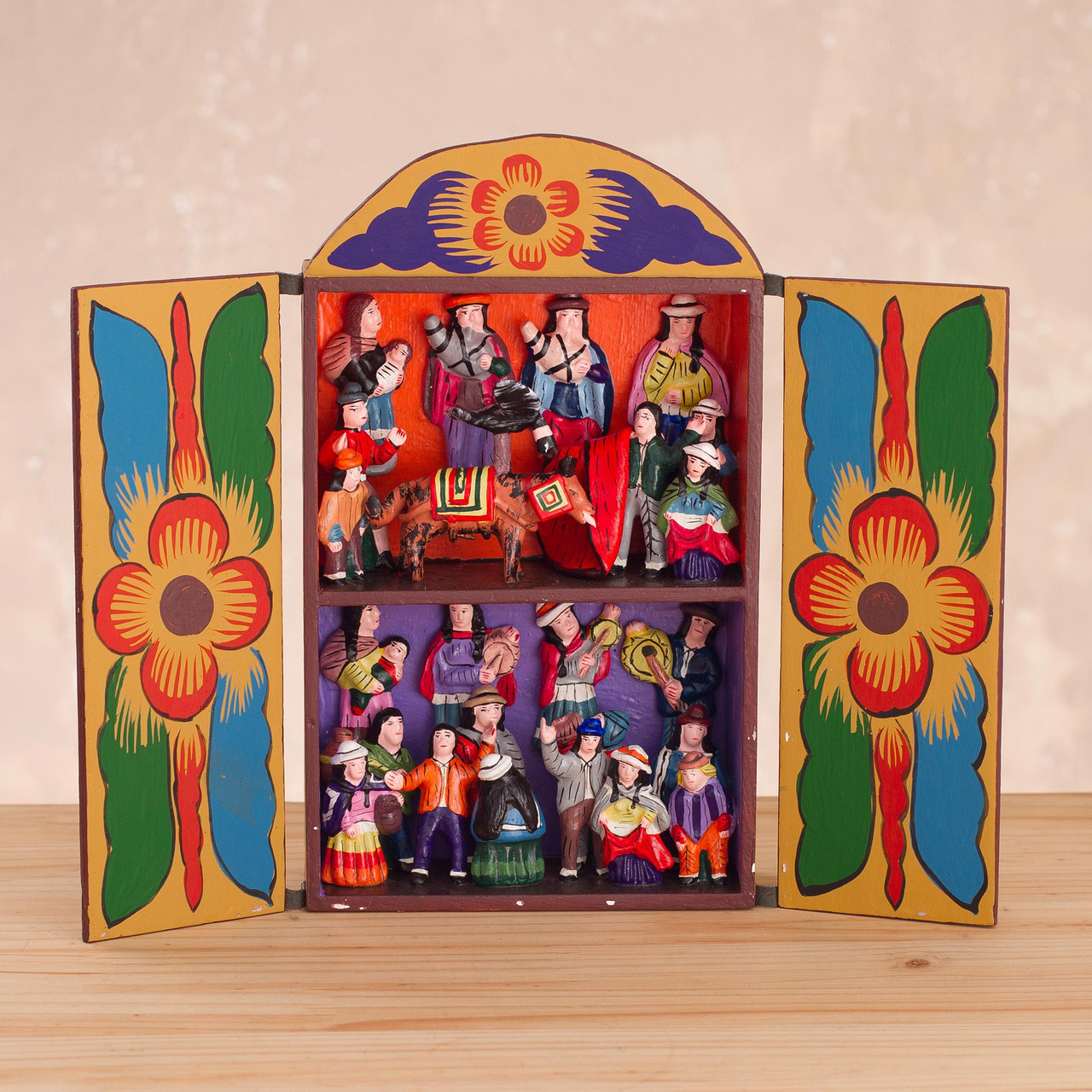 絵画 Castella Eve Revolution Folk Art Wood Retablo Sculpture from Peru 'Yawar Fiesta
