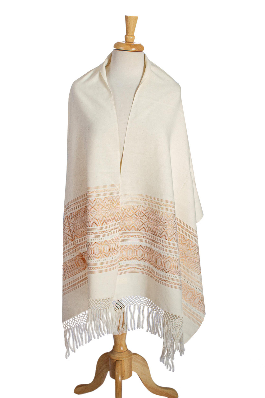 Handwoven Zapotec Brown on Ivory Cotton Rebozo Shawl 'Natural