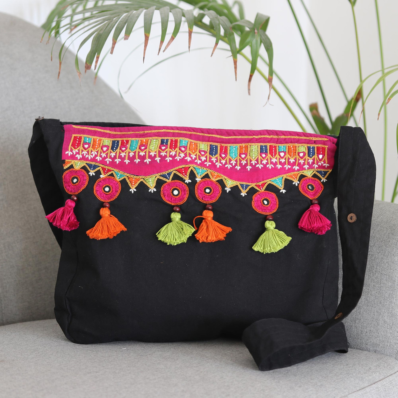 Gujrati Embroidery Dark Green Bag with One Zipped and One Open Pocket