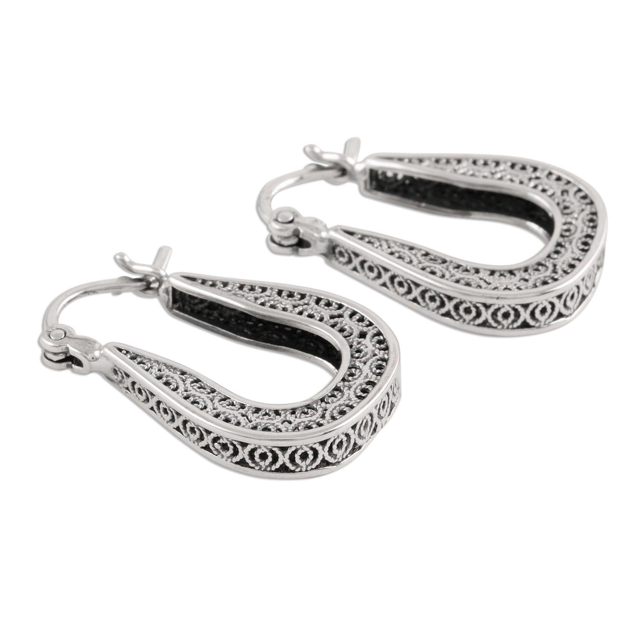Horseshoe Shaped Filigree Sterling Silver Hoop Earrings 'Horseshoe Bend