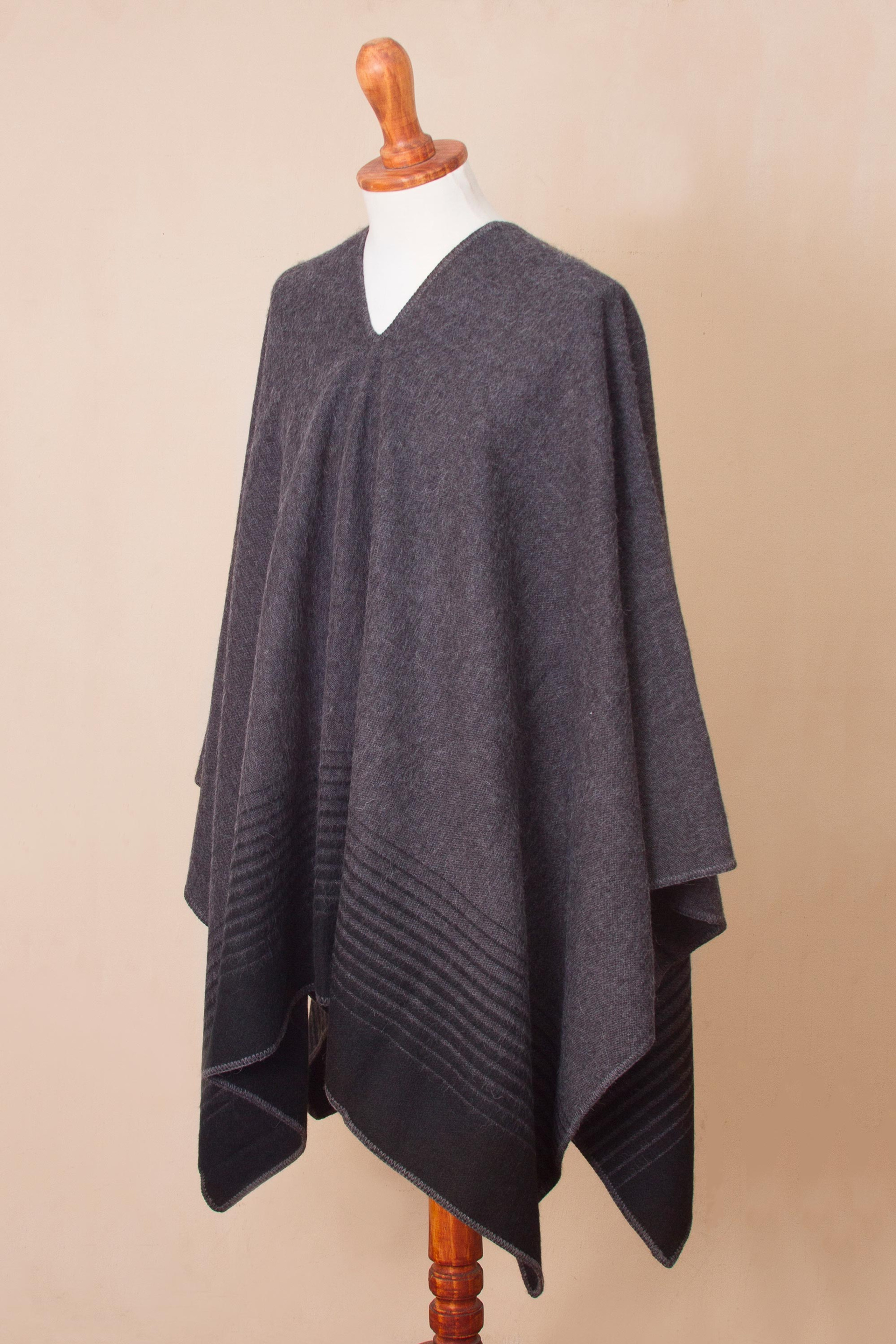 Men's Alpaca Blend Poncho in Black and Graphite from Peru 'Black