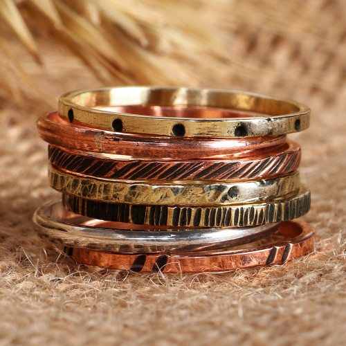 Set of 7 Copper and Brass Band Rings in a Polished Finish 'Earth's Triumph'
