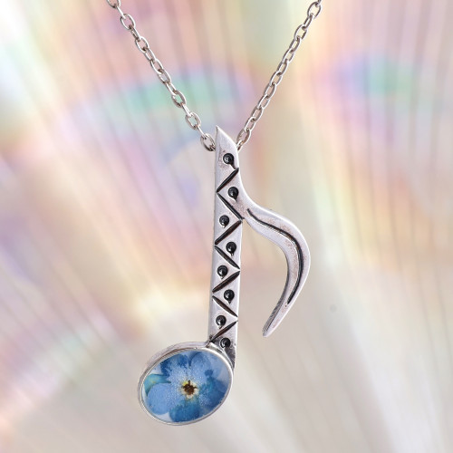 Music-Themed Blue Natural Flower Pendant Necklace 'Melodies  Memories'