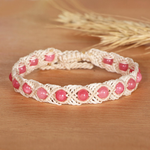 Agate Beaded Macrame Anklet in Pink and White from Armenia 'Precious Pink'