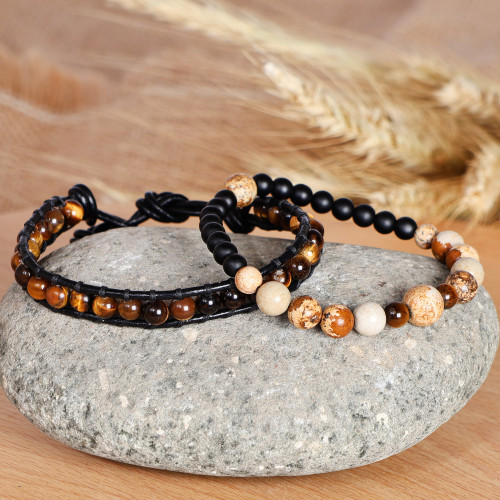 2 Men's Multi-Gemstone Beaded Stretch Leather Cord Bracelets 'Alluring Flair'