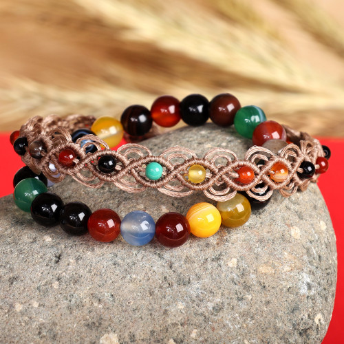 Set of 2 Agate Beaded Bracelets Handcrafted in Armenia 'Colorful Agate'