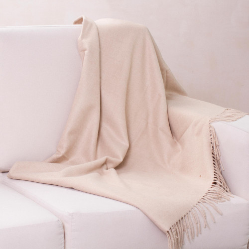 Unique Alpaca Wool Solid Throw Blanket from Peru 'Cozy Beige'