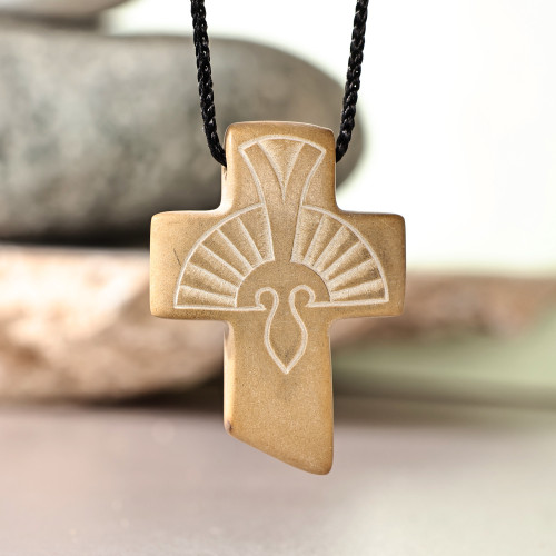 Traditional Stone Cross Pendant Necklace from Armenia 'Faith and Courage'