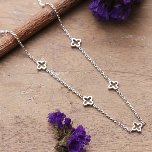 Classic Floral Sterling Silver Station Necklace from India 'Stars  Blooms'