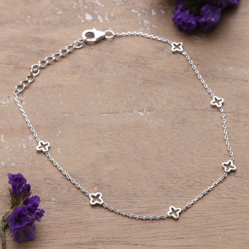 Classic Floral Sterling Silver Station Anklet from India 'Stars  Blooms'