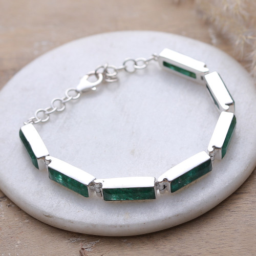Modern Green Beryl Sterling Silver Link Bracelet from India 'Fascinating Emerald'