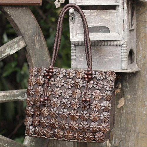 Hand Made Floral Coconut Shell Tote Bag 'Thai Garden'