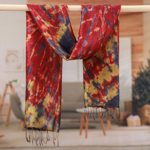 Handcrafted Tie-Dyed Patterned 100 Silk Scarf Medium 'Lava Sea'